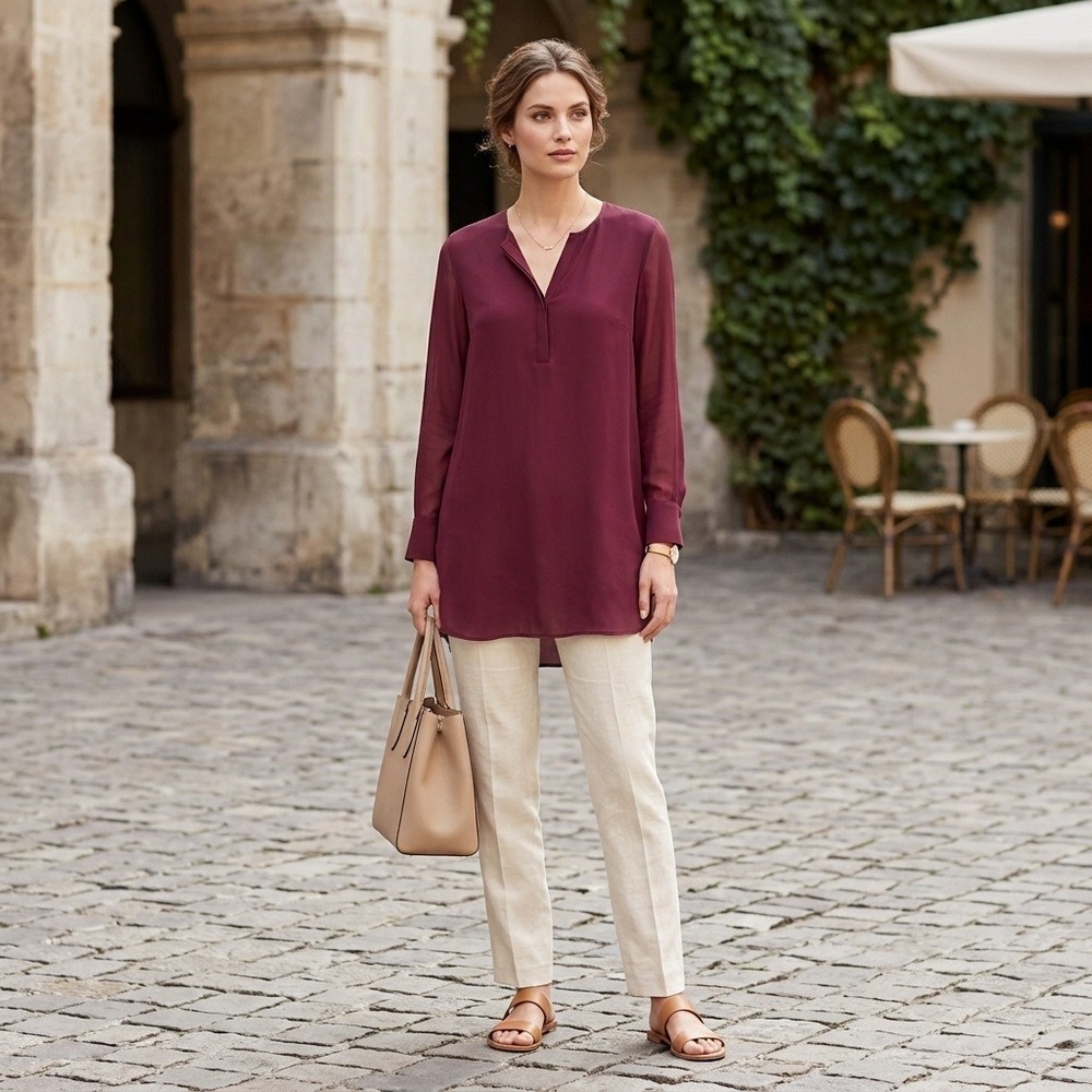 Vince Womens Silk Tunic Top Size 4 Long Sleeve Minimalist Quiet Luxury Blouse